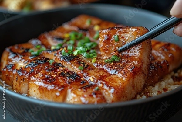 Fototapeta A person is using chopsticks to place chili powder on the meat in their bowl