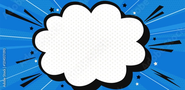 Fototapeta Speech bubble with space for text on blue background. Halftone pop art style. Vector cartoon illustration.