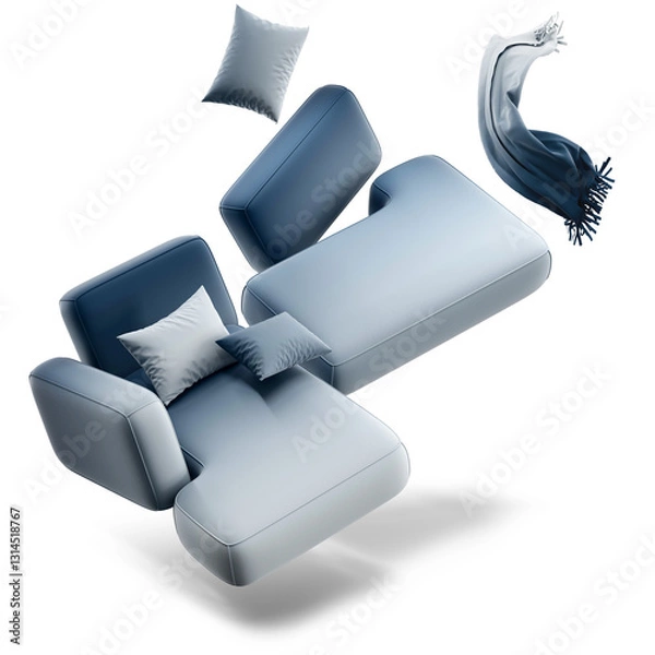 Fototapeta Designer flying sofa with pillows and throw on transparent background with shadow.