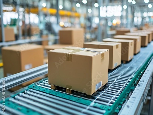 Fototapeta Shipping Process in a Busy Warehouse With Packages Moving Along a Conveyor Belt During the Day