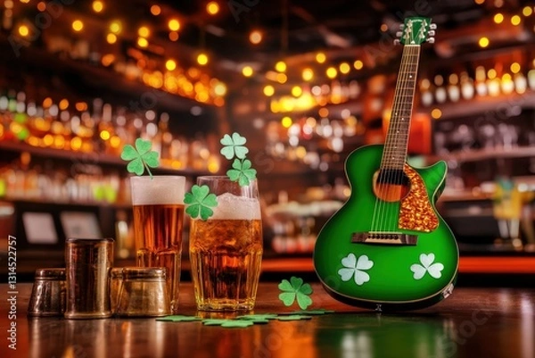 Obraz Festive St. Patrick's Day Celebration with Green Guitar, Beer, and Shamrocks in a Lively Irish Pub Atmosphere