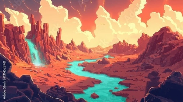 Fototapeta Vibrant Landscape of Mountains and River Under Colorful Sky