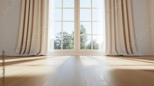 Fototapeta Serene Interior Scene: A bright, inviting interior featuring a large window with natural light streaming through, casting soft shadows on the polished wooden floor.