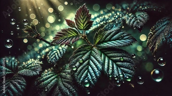 Fototapeta Radiant emerald leaves shimmering under the warm golden sunlight in a thriving forest, bathed in the soft glow of the late afternoon