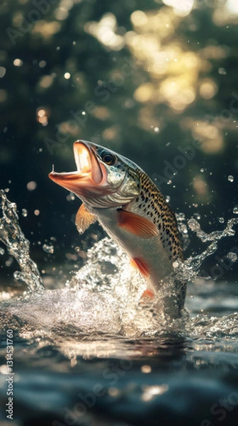 Fototapeta Brown trout jumping from water, mouth agape, splashing golden droplets in bright sunlight