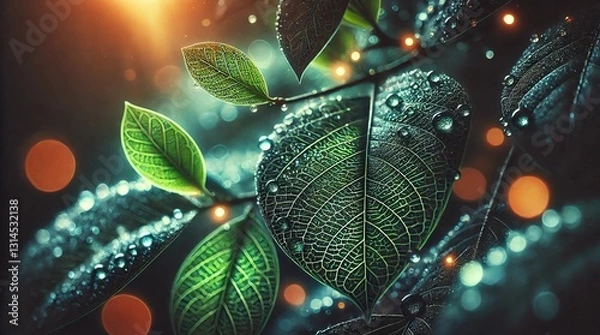 Fototapeta Radiant emerald leaves shimmering under the warm golden sunlight in a thriving forest, bathed in the soft glow of the late afternoon