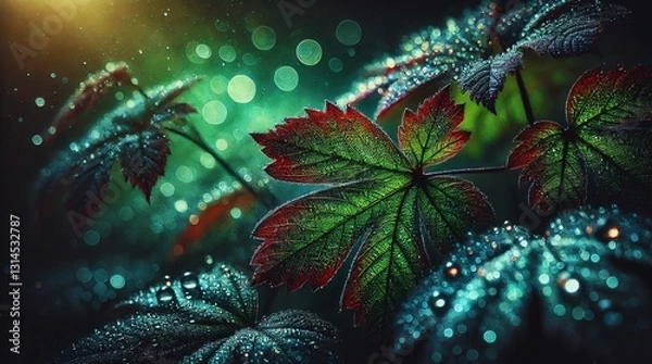 Fototapeta Radiant emerald leaves shimmering under the warm golden sunlight in a thriving forest, bathed in the soft glow of the late afternoon