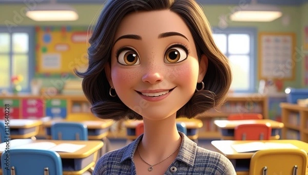 Fototapeta 3D Animated Caring and Dedicated Teacher in a Classroom with Bright Atmosphere