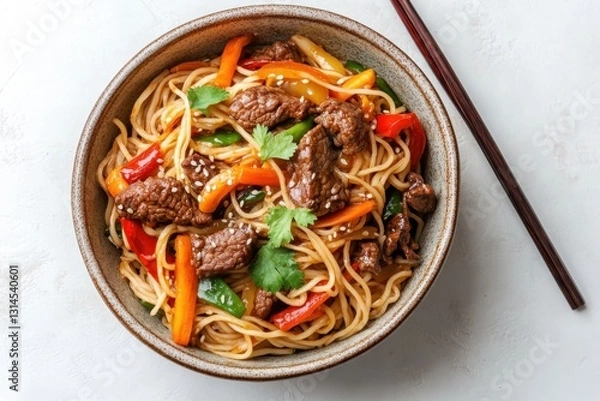 Fototapeta Delicious beef stir fry with noodles and colorful vegetables in rustic bowl overhead shot