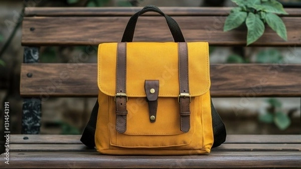 Fototapeta Stylish Mustard Backpack with Leather Straps on Rustic Wooden Bench in Serene Outdoor Setting for Travel and Adventure
