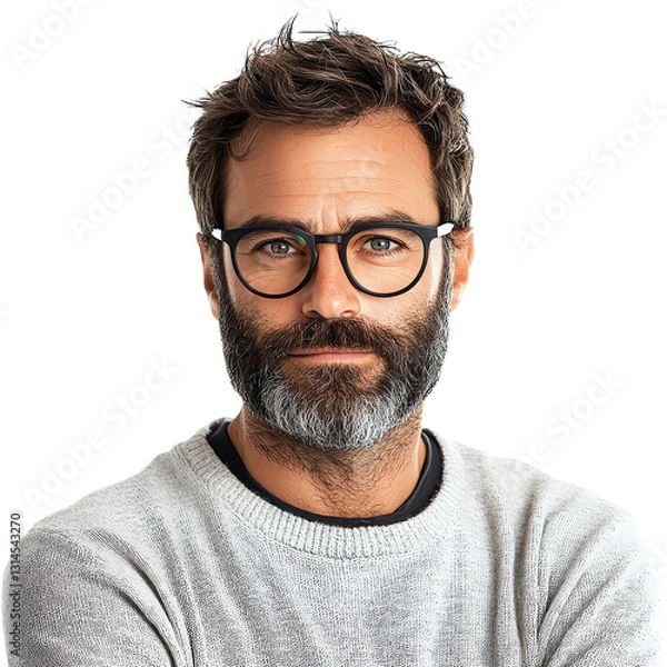 Fototapeta Portrait of a Man with a Beard and Glasses on a White Background