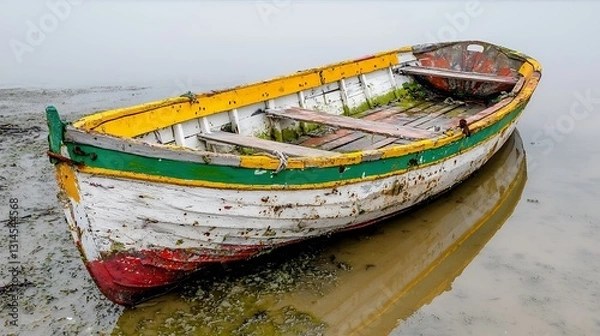Obraz Weathered Wooden Rowboat on a Shallow Shore