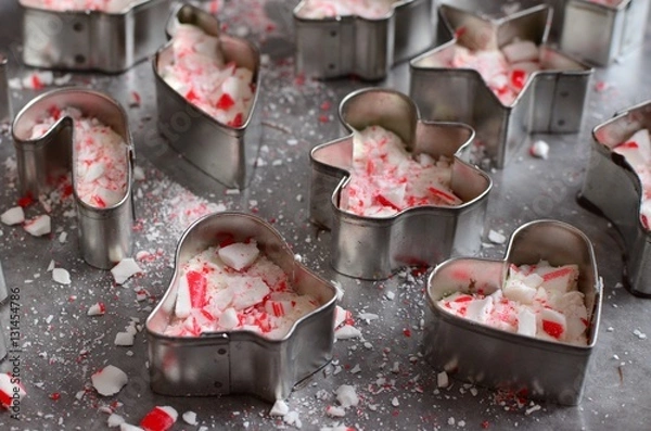 Obraz Peppermint bark in mini cookie cutters Christmas shapes