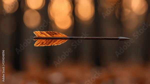 Fototapeta arrow flying through air towards target, showcasing its sharp tip and vibrant fletching against blurred forest background. warm colors evoke sense of adventure and focus