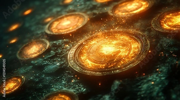 Obraz Floating artifacts of glowing coins and mystic shields radiating cosmic energy