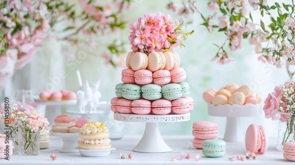 Fototapeta Colorful macaron tower with pastel hues on a dessert table