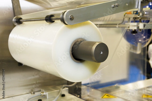 Fototapeta Conveying machine beltlinewith roll of polyethylene film