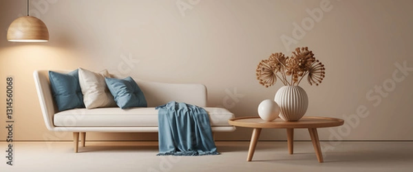 Fototapeta Beige sofa with blue pillows and blanket, wooden coffee table with dried flowers in a vase, illuminated by a wooden pendant lamp, creating a serene and minimalist living room scene