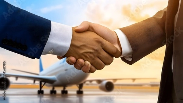 Obraz Business Partnership Agreement at Airport with Airplane Background
