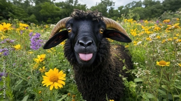 Fototapeta Black Sheep in a Field of Flowers