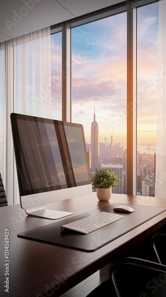 Fototapeta Modern office desk setup showcasing a computer, keyboard, mouse, and plant against a city skyline backdrop viewed through large windows, representing productivity, success, and modern workspace design