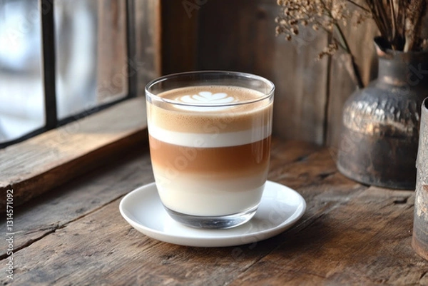 Fototapeta A cup of coffee on a wooden table, steam spiraling upwards, surrounded by scattered coffee beans and a vintage newspaper. Morning light filters in from a nearby window.