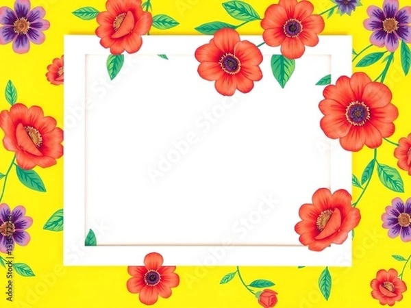 Fototapeta Vibrant Square Frame Showcasing Lush Red Flowers Against Bright Yellow Background Creating Cheerful Mood