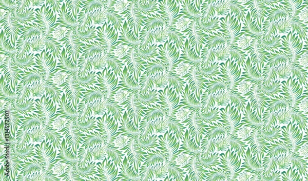 Fototapeta Seamless monochrome green and white pattern of abstract leaves and branches. Tropical pattern, palm leaves seamless vector floral background.