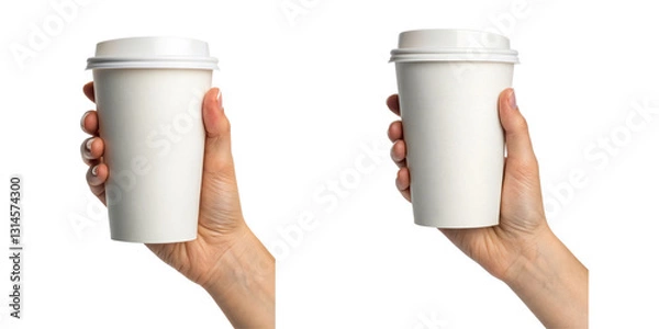 Fototapeta Two hands holding blank white takeaway coffee cups with lids.