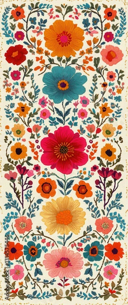 Fototapeta Colorful floral pattern with vibrant flowers and intricate designs. Perfect for textiles or home decor