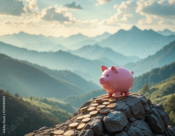 Obraz Piggy bank on a mountain of coins with mountain range background