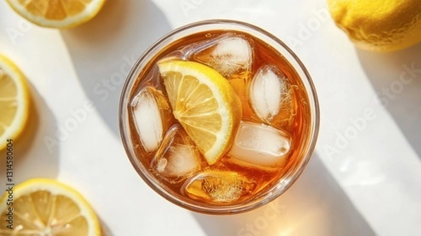 Obraz Classic summer drink, a glass of lemon iced tea with ice, photographed from top view on a white backdrop