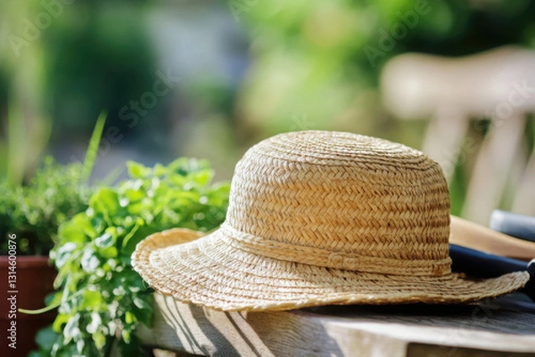 Obraz Classic straw gardening hat resting beside tools in soft sunlight