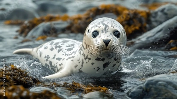 Fototapeta A playful seal swims among rocks and seaweed, showcasing its spotted coat and curious expression in a tranquil aquatic environment.