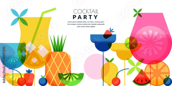 Fototapeta Cocktails party banner, poster. Vector illustration of alcoholic drinks and fruits. Bar cocktail menu design elements
