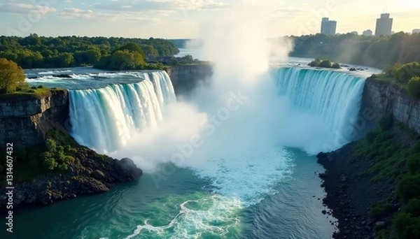 Obraz Stunning aerial view of Niagara Falls in Canada with mist rising from cascading water, landscape, cascading, Canada