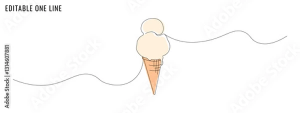 Obraz One continuous line drawing of an ice cream. Dessert concept. Editable stroke, simple doodle design, vector illustration