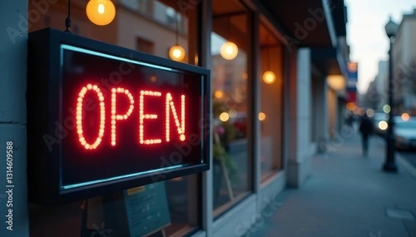 Fototapeta Square lightbox sign displaying "Open" outside store facade, storefront, signage