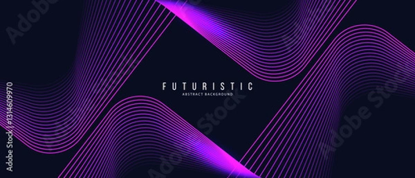 Fototapeta Futuristic abstract background with flowing, curved lines in shades of vibrant purple and pink set against a dark background. The dynamic wave-like pattern creates a sense of motion and depth.