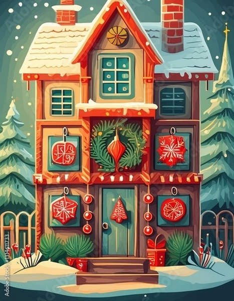 Fototapeta  Cute Christmas house style advent calendar. Flat cartoon design