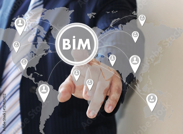Obraz Businessman push button icon, BIM, building information modeling on the touch screen in the web network. 