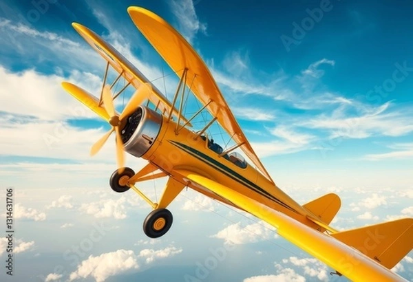 Fototapeta A vibrant yellow biplane soars gracefully through a breathtaking expanse of fluffy white clouds under a brilliant blue sky, a captivating scene of aerial adventure.