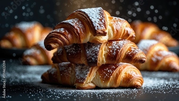 Fototapeta Close-up view of a stack of delicious croissants against a dark backdrop. Homemade croissants. Sugar glass cascading. Vertical.