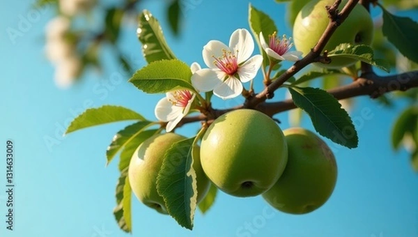 Fototapeta Close-up view of blossoms and apples on an apple tree, featuring dew drops and a blue sky in the background.