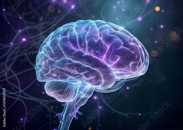 Fototapeta A Luminous Human Brain, Pulsing With Vibrant Energy, Symbolizing The Boundless Potential Of The Mind Rendered In Stunning 3d Detail With A Dark, Ethereal Background