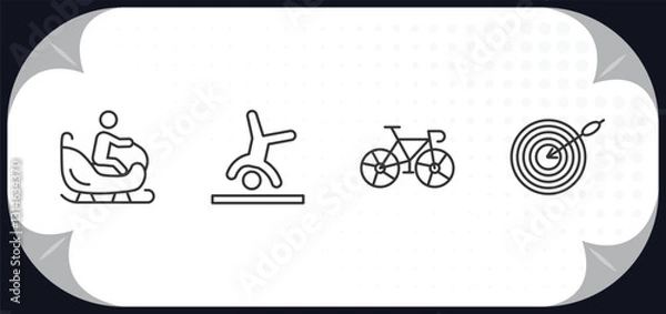 Fototapeta outline icons set - sports concept. person riding on sleigh, cartwheel, racing bike, dartboard and dart.