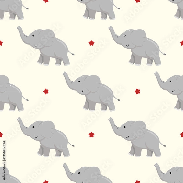 Fototapeta Adorable seamless pattern featuring playful baby elephants and red stars on a light background. Perfect for children's textiles, wallpapers, and gift wrapping, adding a whimsical touch to any project.
