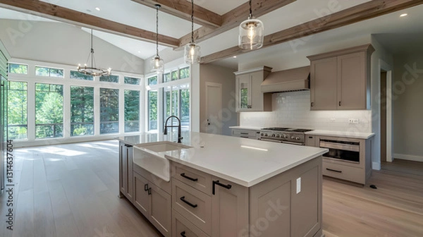 Fototapeta Modern Grey And White Kitchen With Island And Open Concept Living Space With Wood Floors And Vaulted Ceiling With Exposed Beams