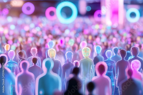 Obraz A crowd of people, each person represented by a small piece of paper with different colors and shapes. 