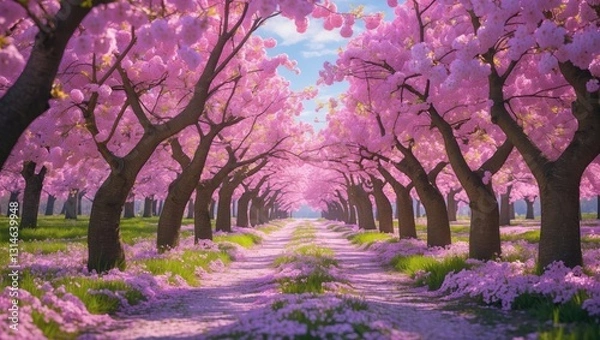 Fototapeta Cherry blossom trees aligned in a row during the spring.